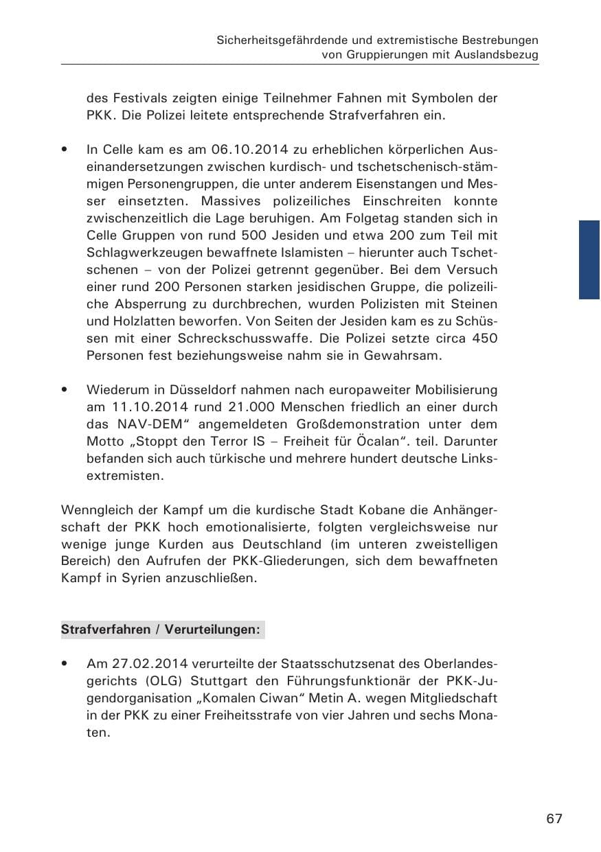 Seite 67 des Verfassungsschutzbericht 2014 Hamburg