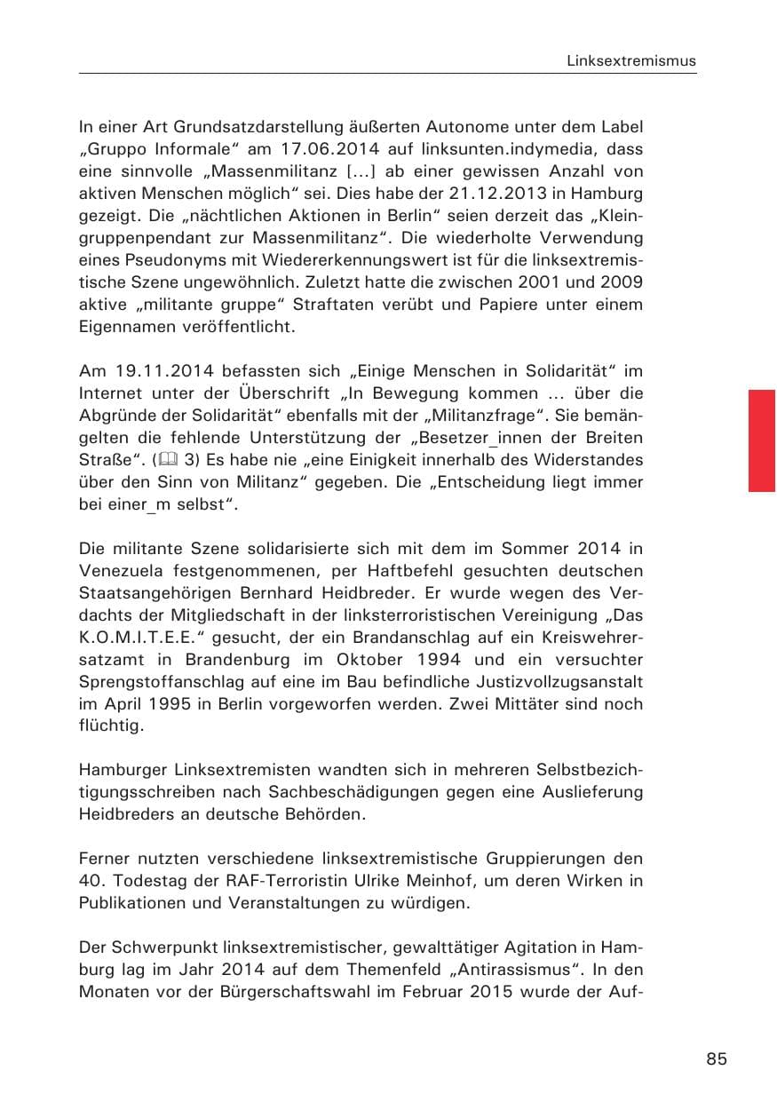 Seite 85 des Verfassungsschutzbericht 2014 Hamburg