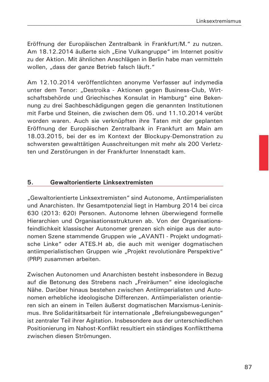 Seite 87 des Verfassungsschutzbericht 2014 Hamburg