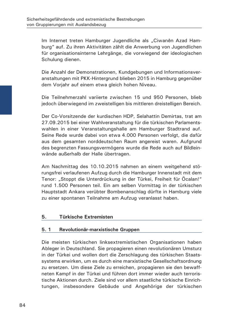 Seite 85 des Verfassungsschutzbericht 2015 Hamburg