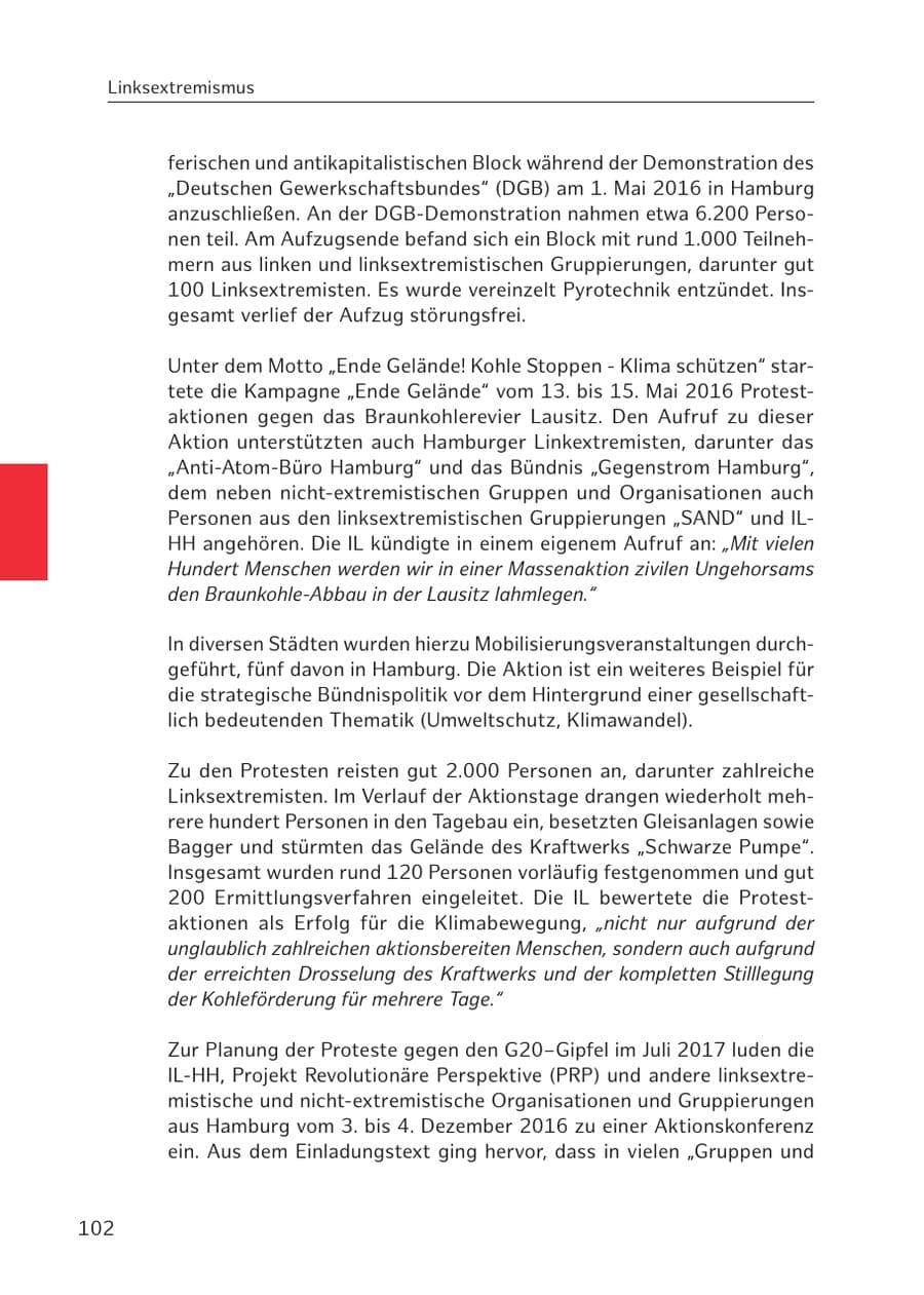 Seite 102 des Verfassungsschutzbericht 2016 Hamburg