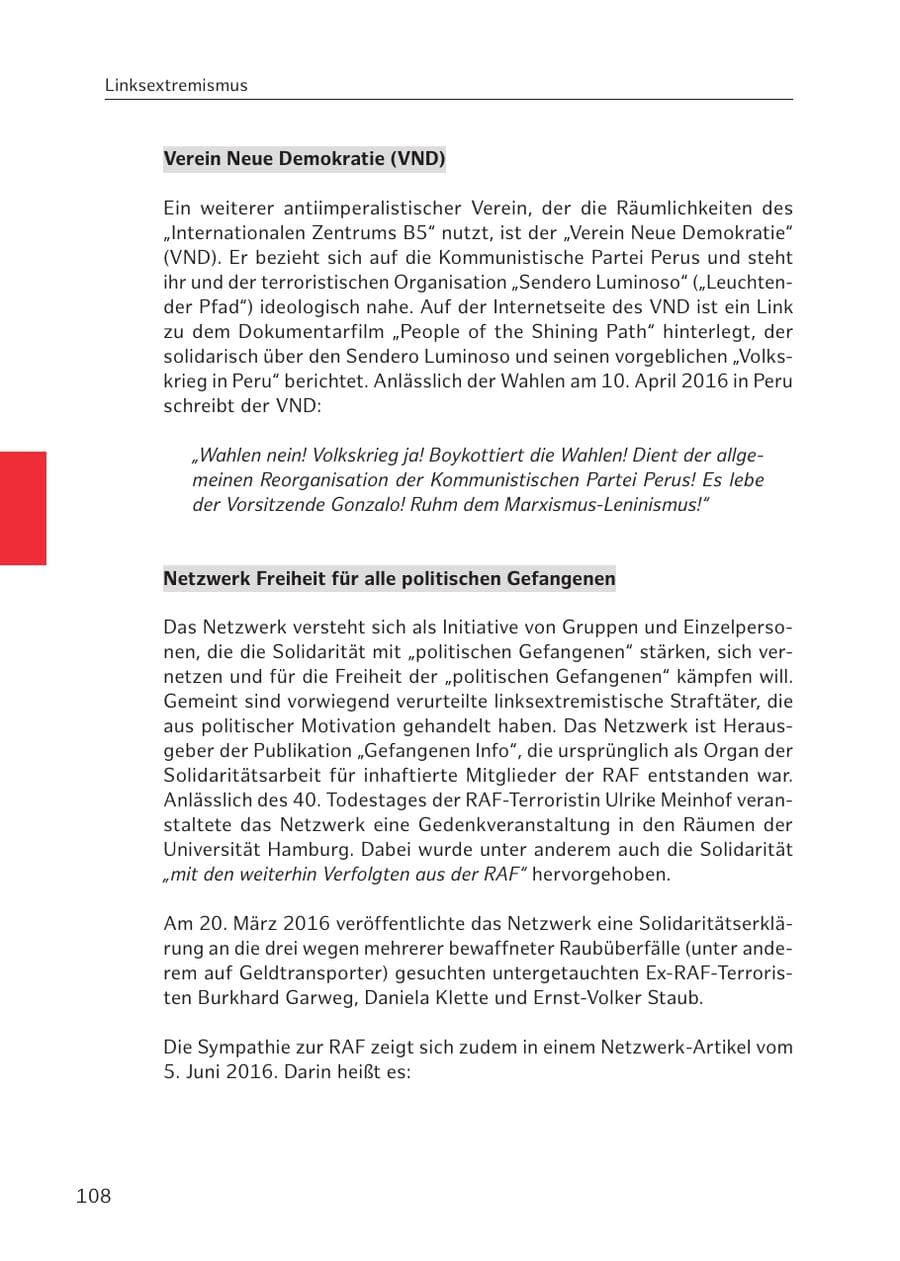 Seite 108 des Verfassungsschutzbericht 2016 Hamburg