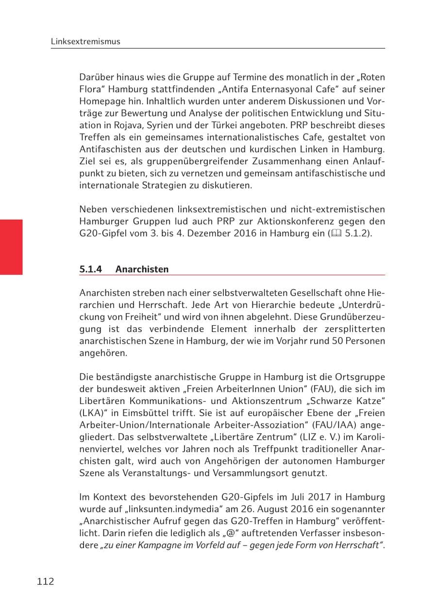 Seite 112 des Verfassungsschutzbericht 2016 Hamburg