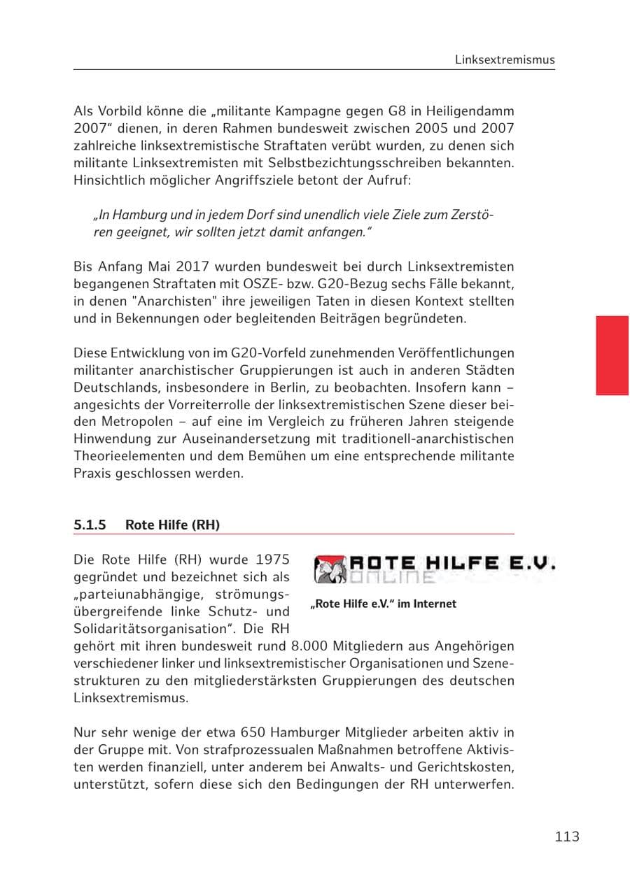 Seite 113 des Verfassungsschutzbericht 2016 Hamburg
