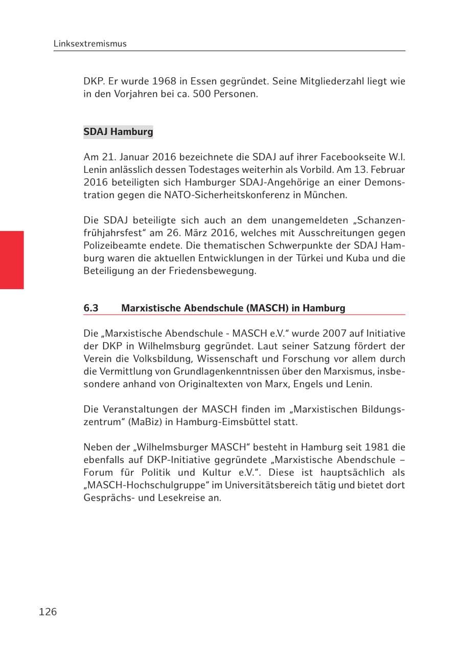 Seite 126 des Verfassungsschutzbericht 2016 Hamburg
