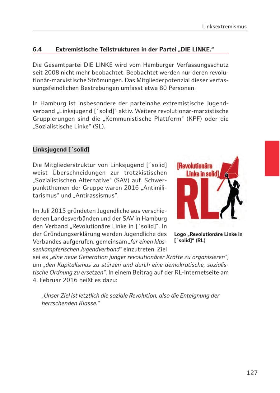 Seite 127 des Verfassungsschutzbericht 2016 Hamburg