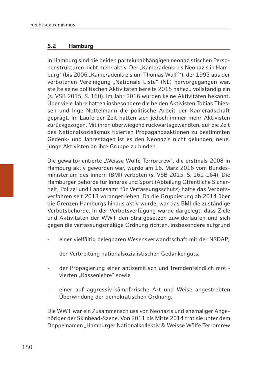 Seite 150 des Verfassungsschutzbericht 2016 Hamburg