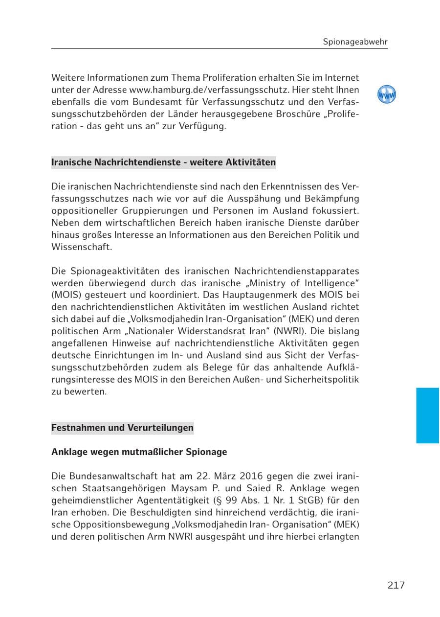 Seite 216 des Verfassungsschutzbericht 2016 Hamburg