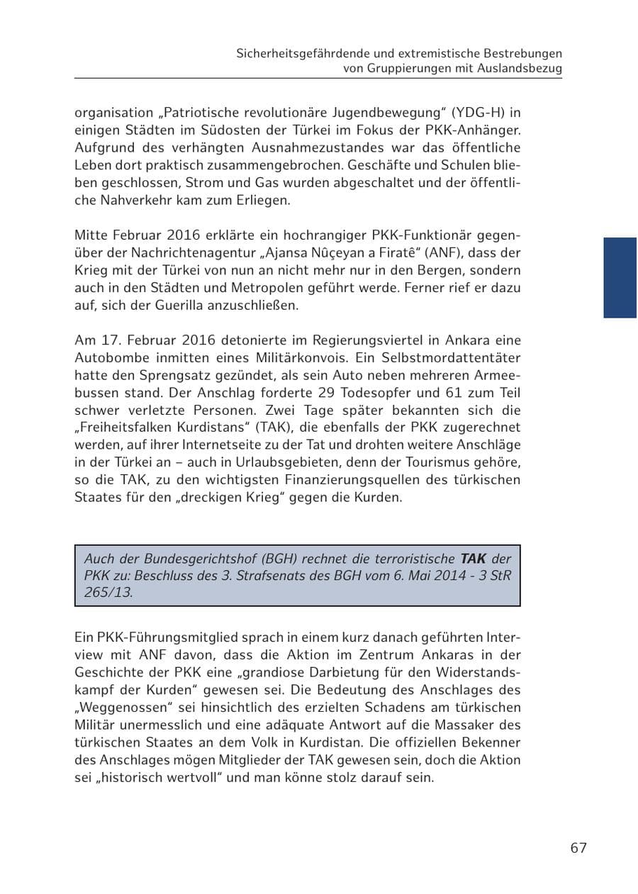 Seite 67 des Verfassungsschutzbericht 2016 Hamburg