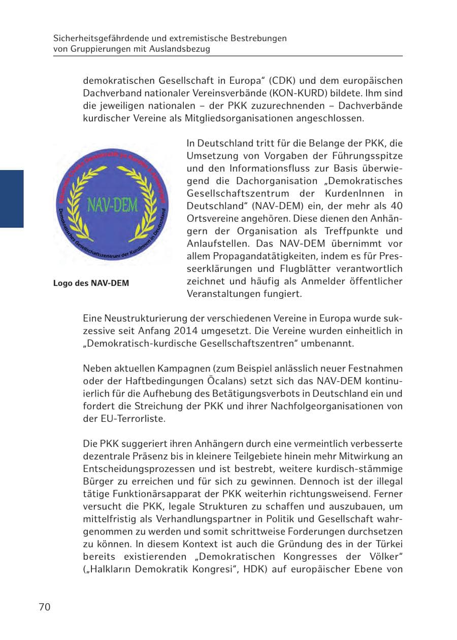 Seite 70 des Verfassungsschutzbericht 2016 Hamburg