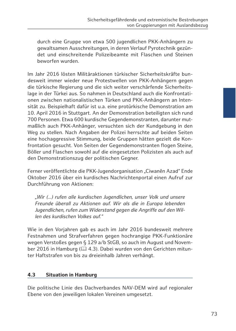 Seite 73 des Verfassungsschutzbericht 2016 Hamburg