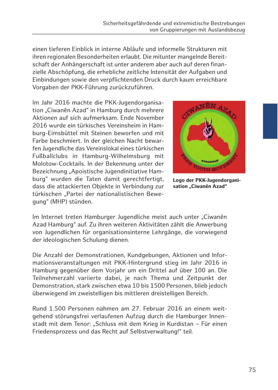 Seite 75 des Verfassungsschutzbericht 2016 Hamburg