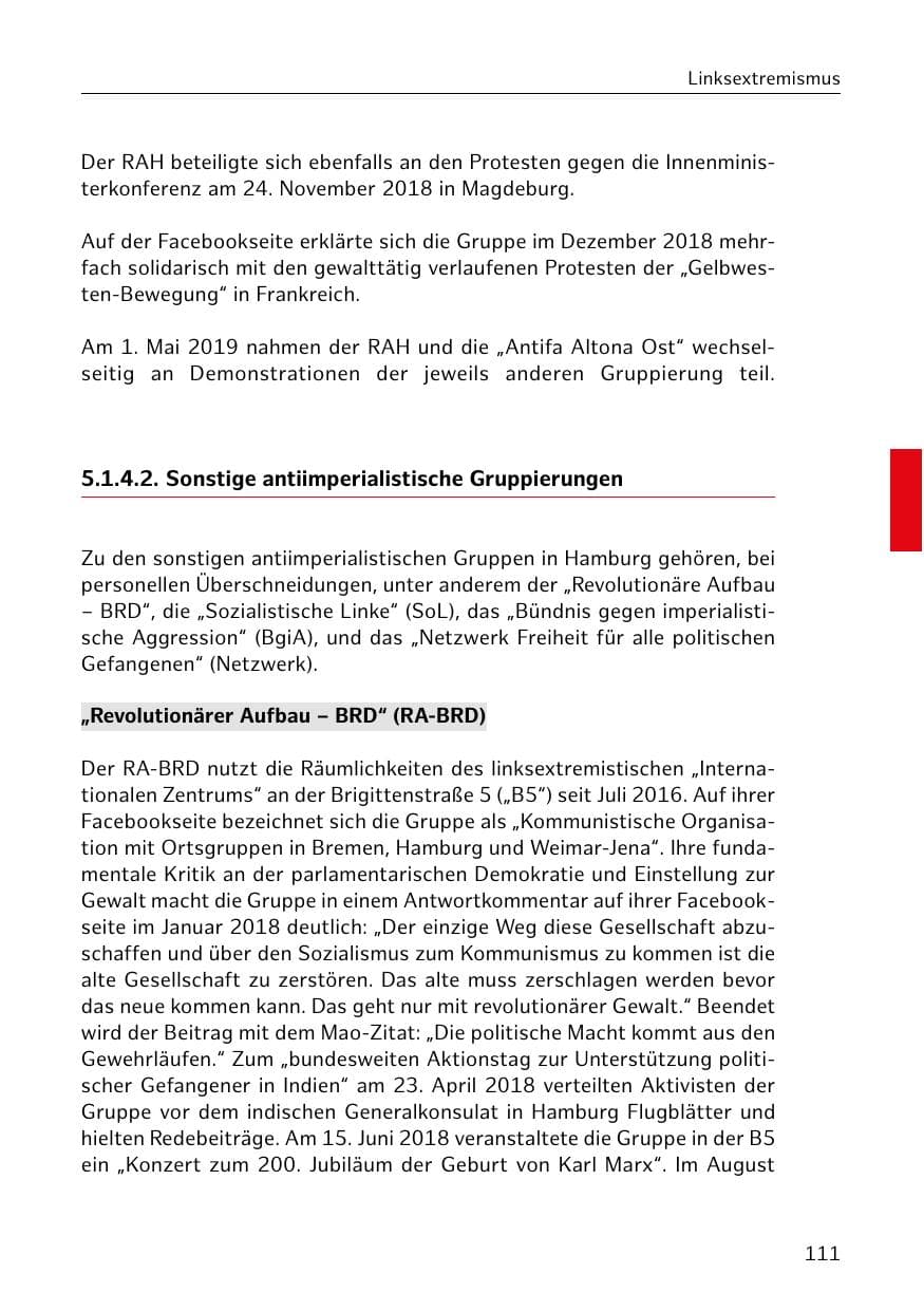 Seite 112 des Verfassungsschutzbericht 2018 Hamburg