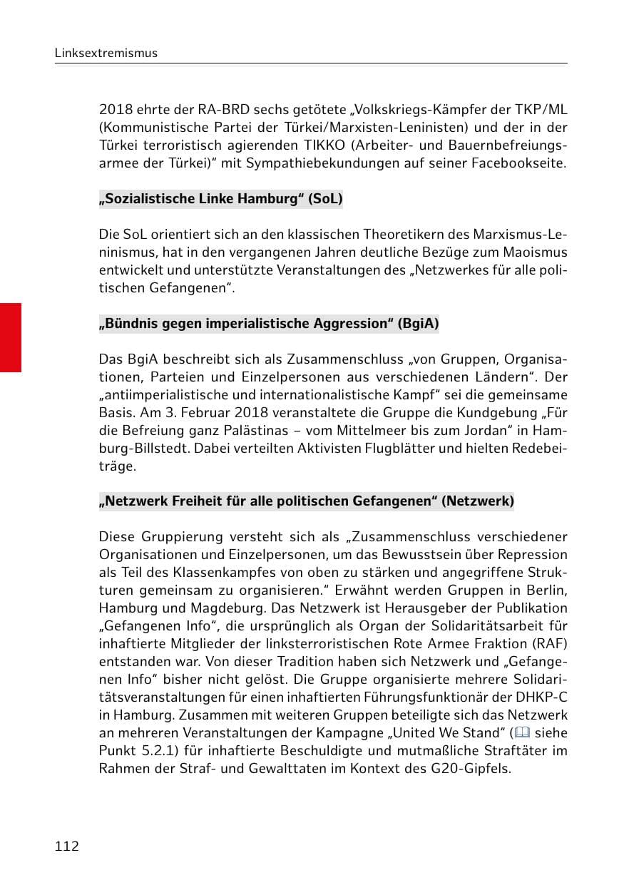 Seite 113 des Verfassungsschutzbericht 2018 Hamburg