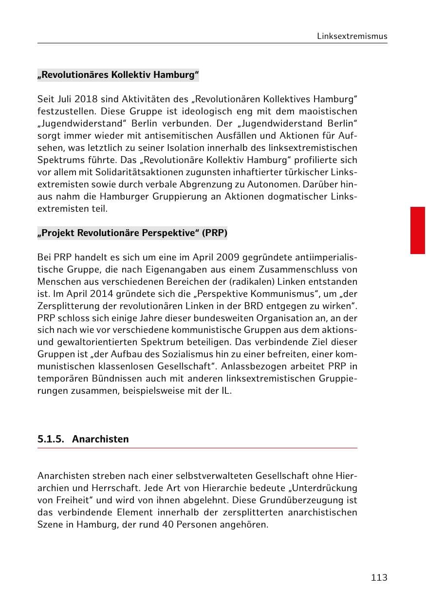Seite 114 des Verfassungsschutzbericht 2018 Hamburg