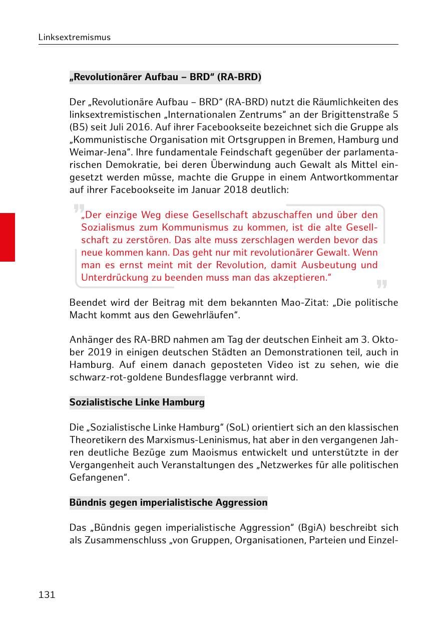 Seite 132 des Verfassungsschutzbericht 2019 Hamburg