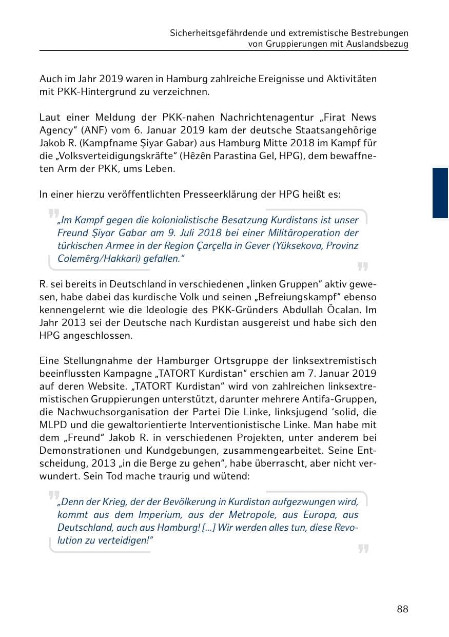 Seite 89 des Verfassungsschutzbericht 2019 Hamburg