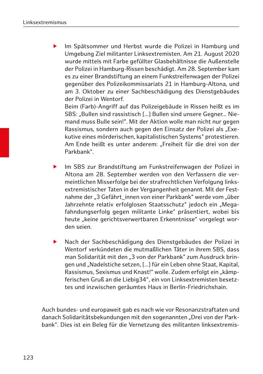 Seite 123 des Verfassungsschutzbericht 2020 Hamburg