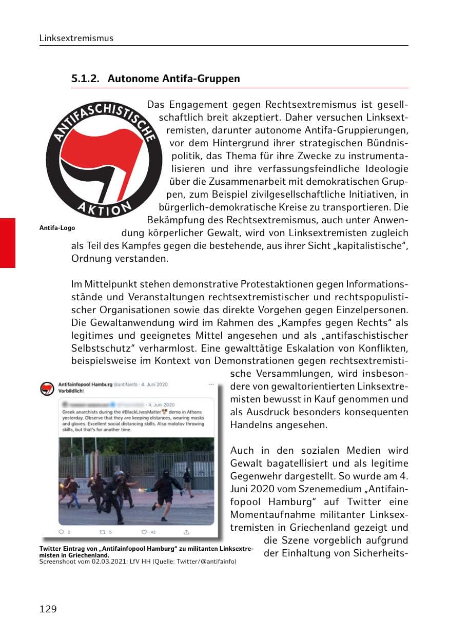 Seite 129 des Verfassungsschutzbericht 2020 Hamburg