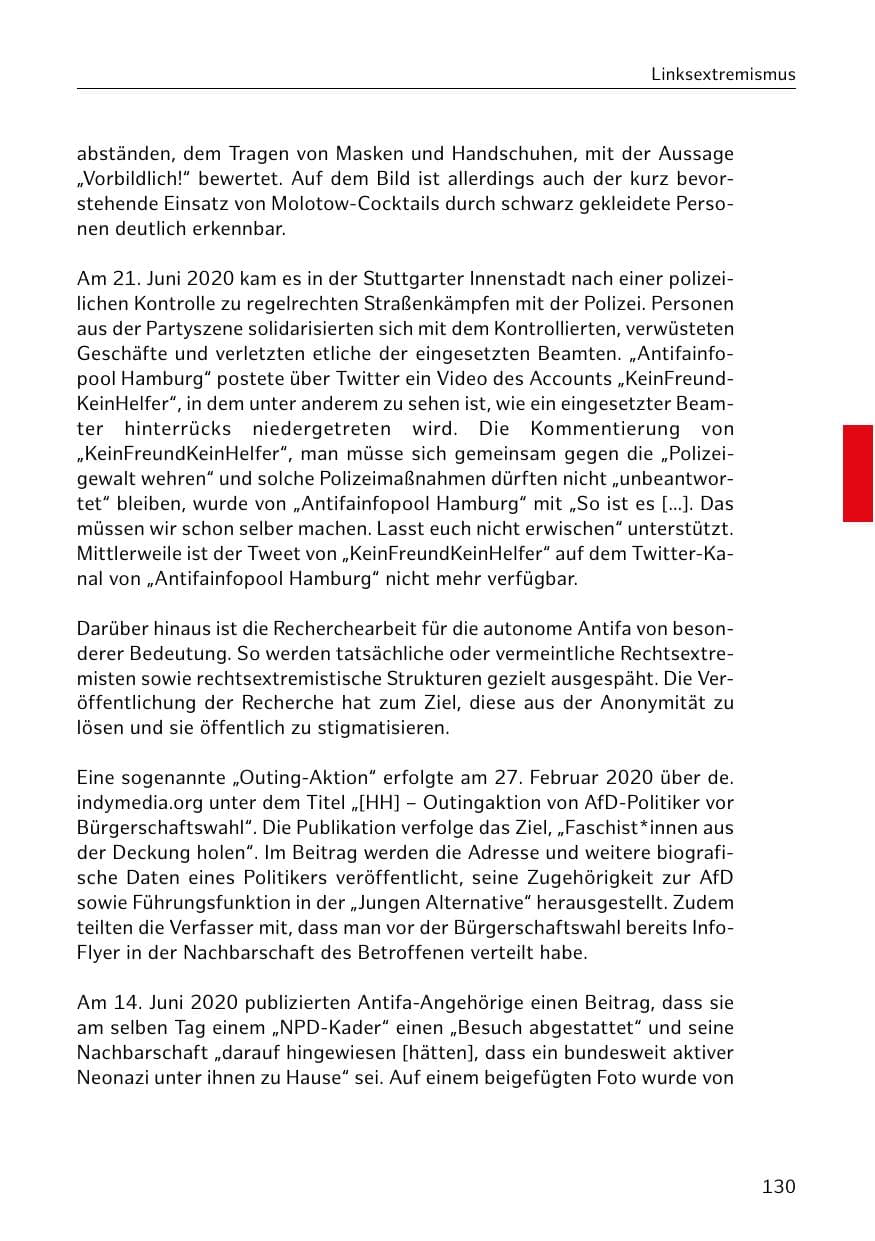 Seite 130 des Verfassungsschutzbericht 2020 Hamburg