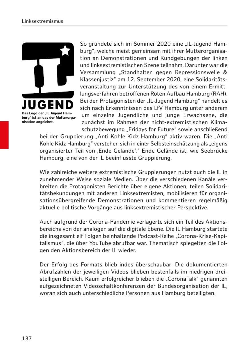 Seite 137 des Verfassungsschutzbericht 2020 Hamburg