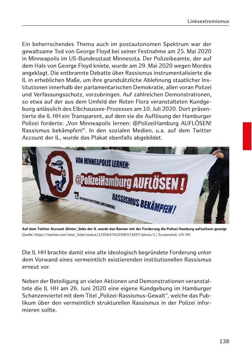 Seite 138 des Verfassungsschutzbericht 2020 Hamburg