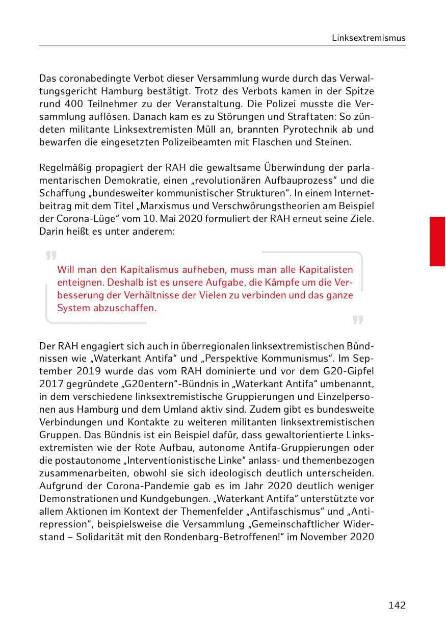 Seite 142 des Verfassungsschutzbericht 2020 Hamburg