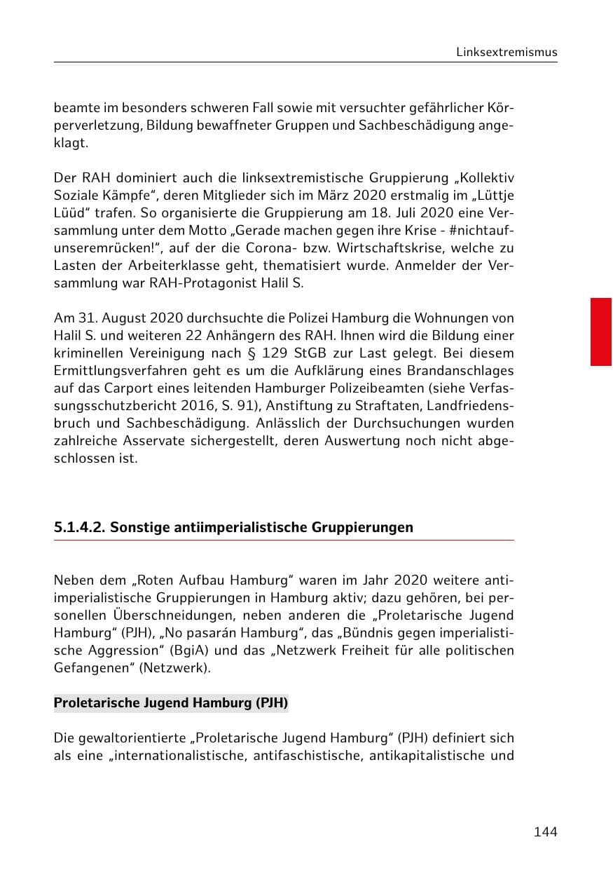 Seite 144 des Verfassungsschutzbericht 2020 Hamburg