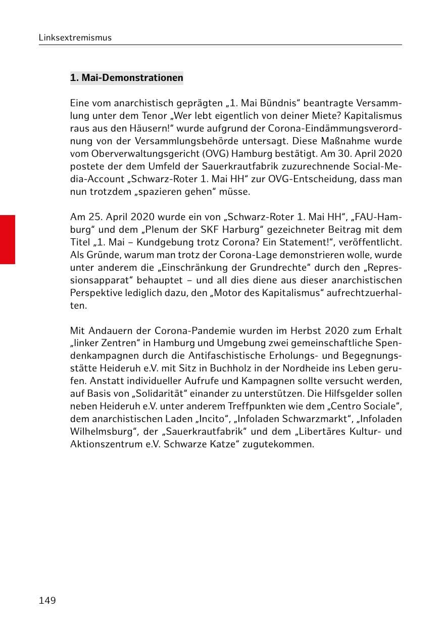 Seite 149 des Verfassungsschutzbericht 2020 Hamburg