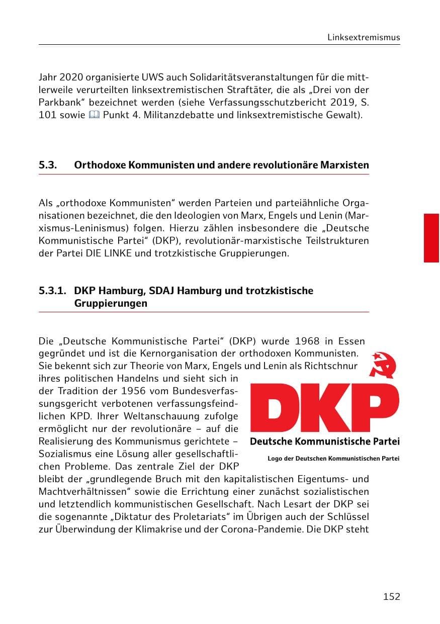 Seite 152 des Verfassungsschutzbericht 2020 Hamburg