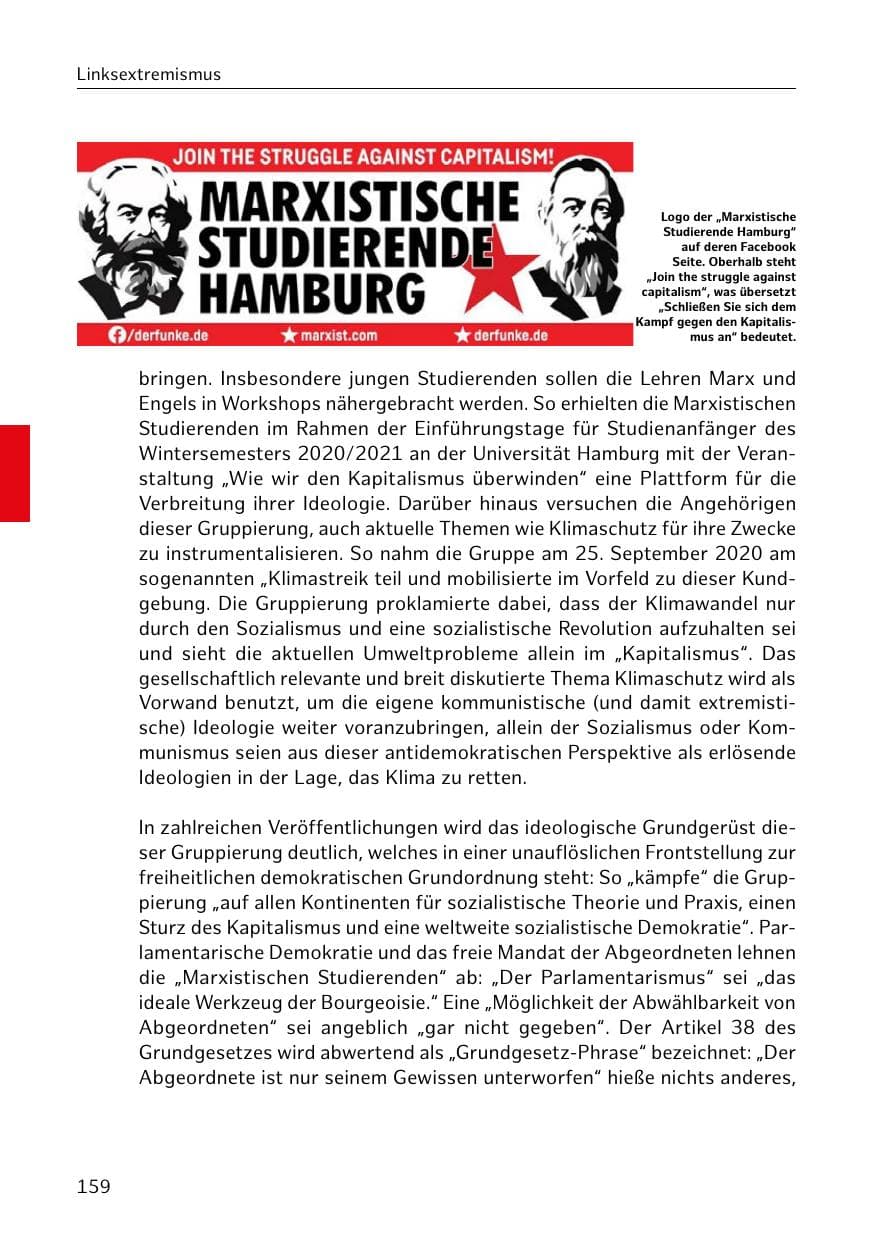Seite 159 des Verfassungsschutzbericht 2020 Hamburg