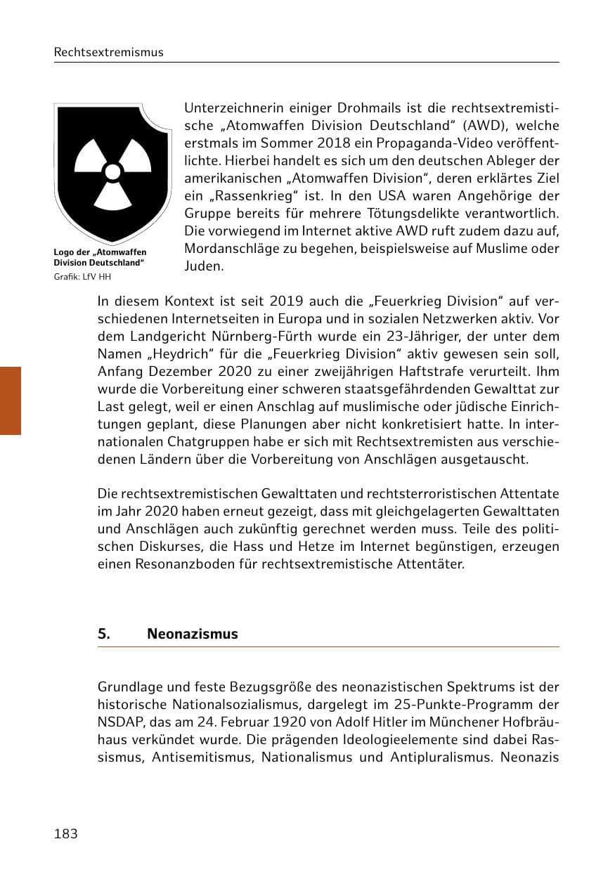 Seite 183 des Verfassungsschutzbericht 2020 Hamburg