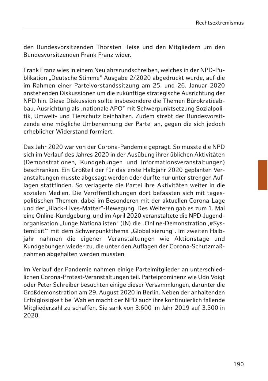 Seite 190 des Verfassungsschutzbericht 2020 Hamburg