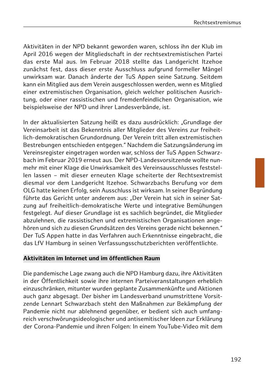 Seite 192 des Verfassungsschutzbericht 2020 Hamburg