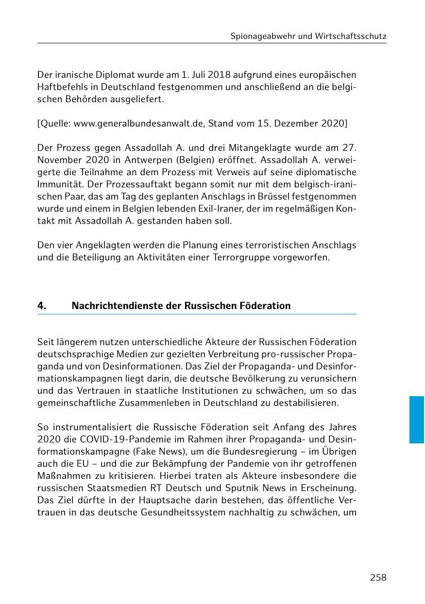 Seite 258 des Verfassungsschutzbericht 2020 Hamburg