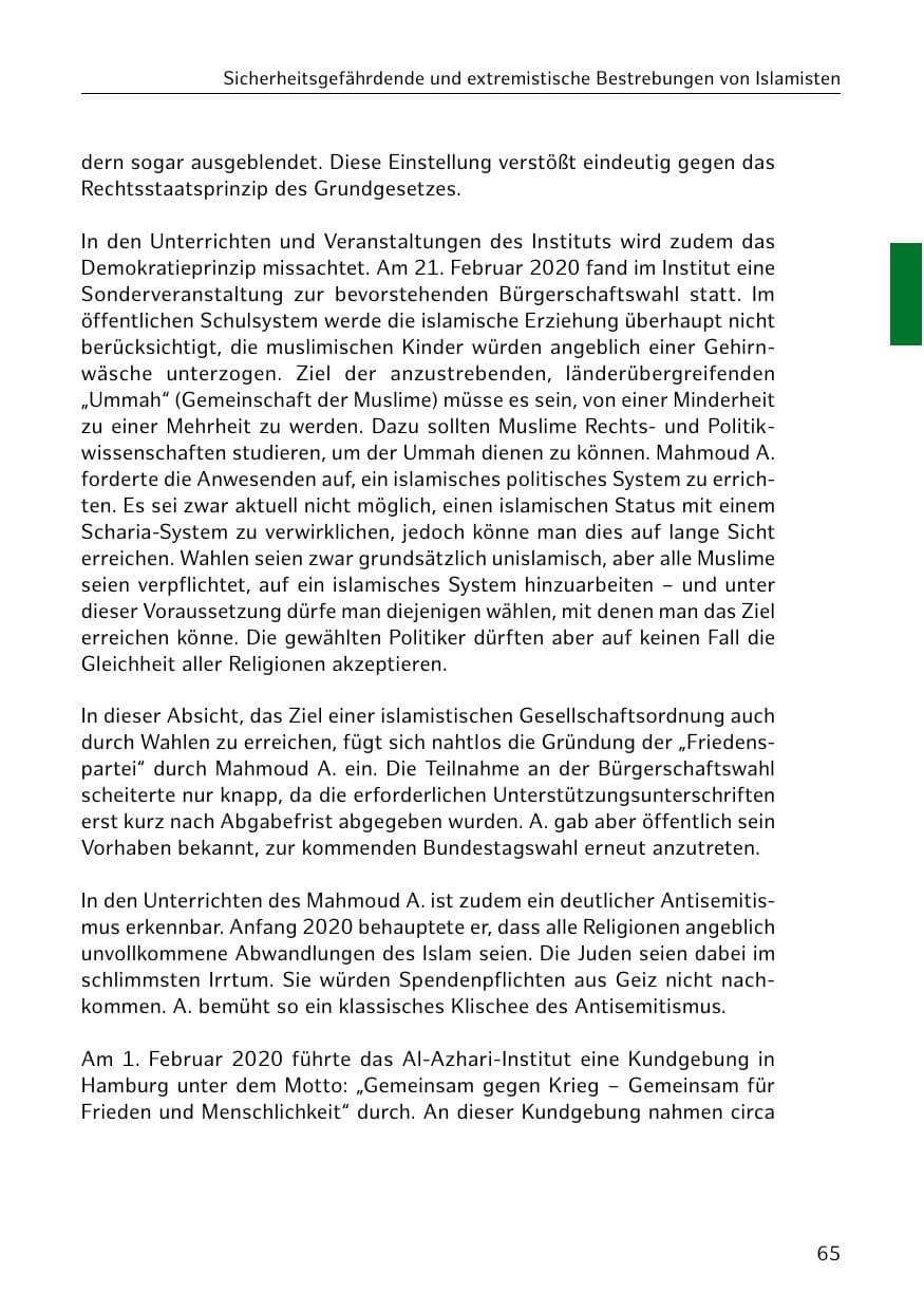 Seite 65 des Verfassungsschutzbericht 2020 Hamburg