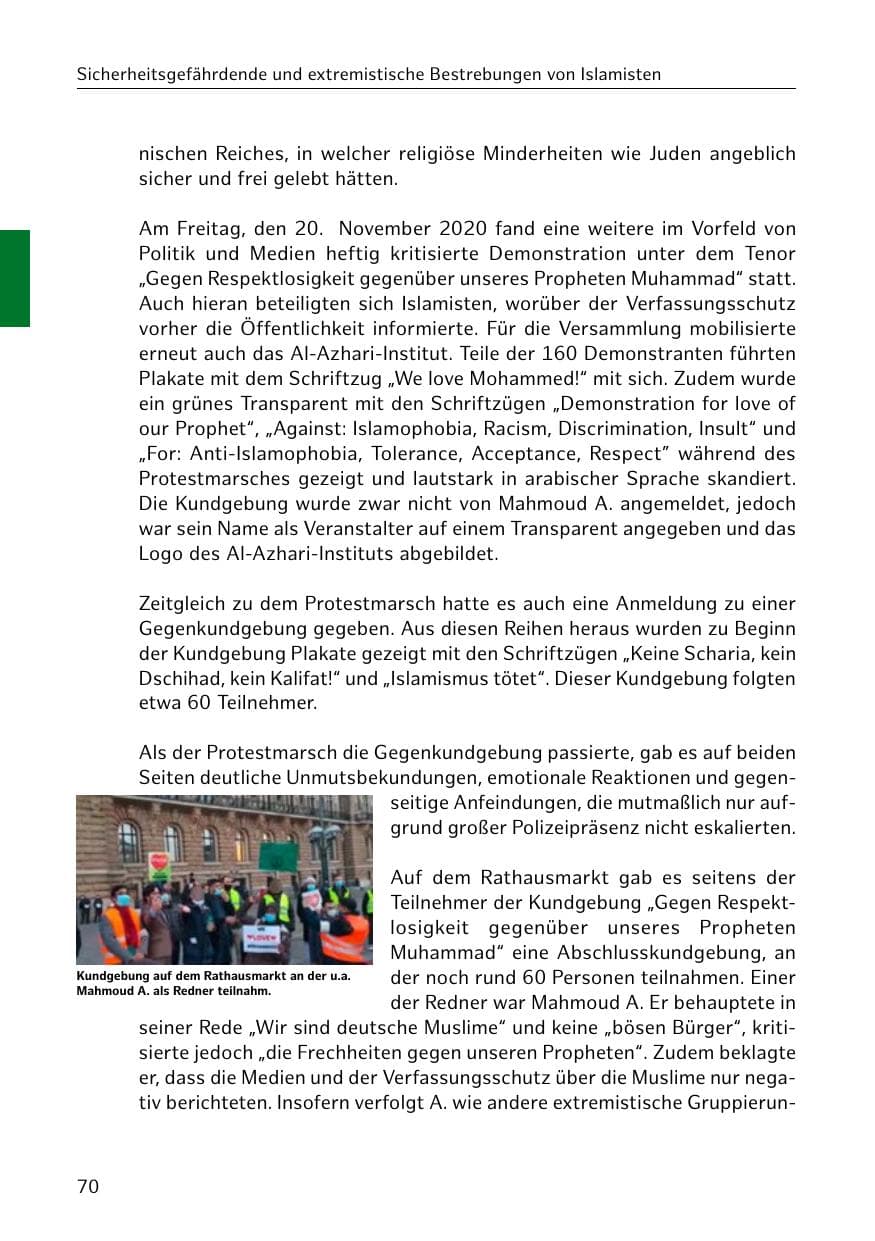 Seite 70 des Verfassungsschutzbericht 2020 Hamburg