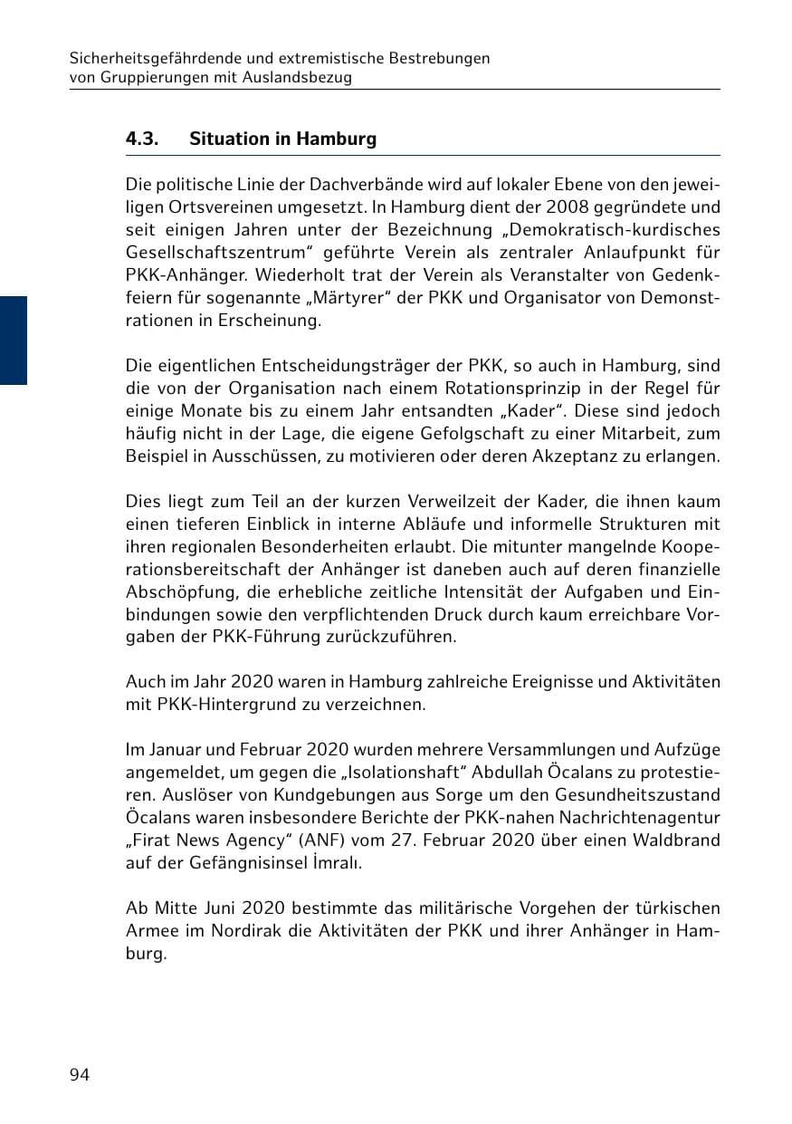 Seite 94 des Verfassungsschutzbericht 2020 Hamburg