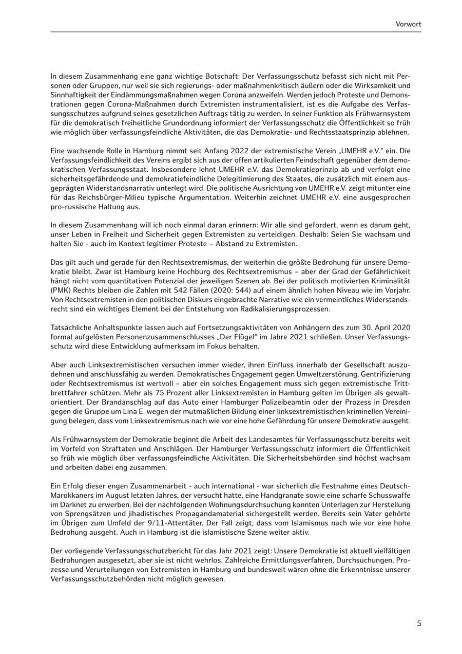 Seite 5 des Verfassungsschutzbericht 2021 Hamburg