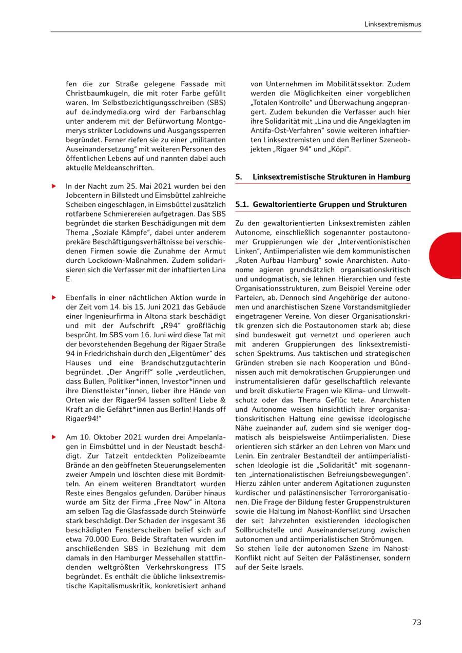 Seite 73 des Verfassungsschutzbericht 2021 Hamburg