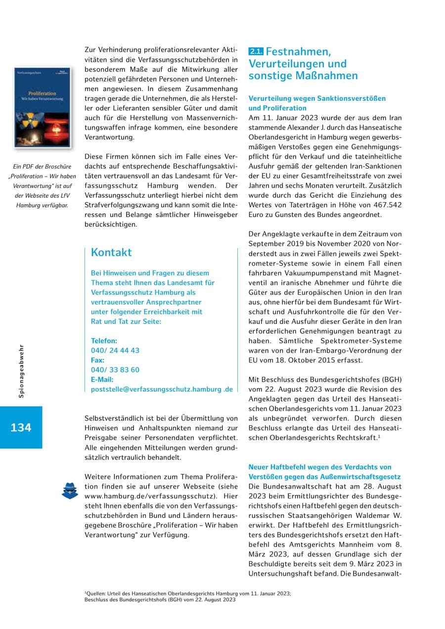Seite 134 des Verfassungsschutzbericht 2023 Hamburg