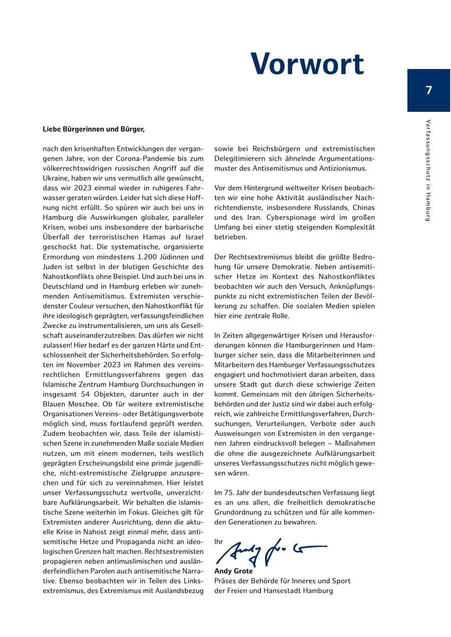 Seite 7 des Verfassungsschutzbericht 2023 Hamburg