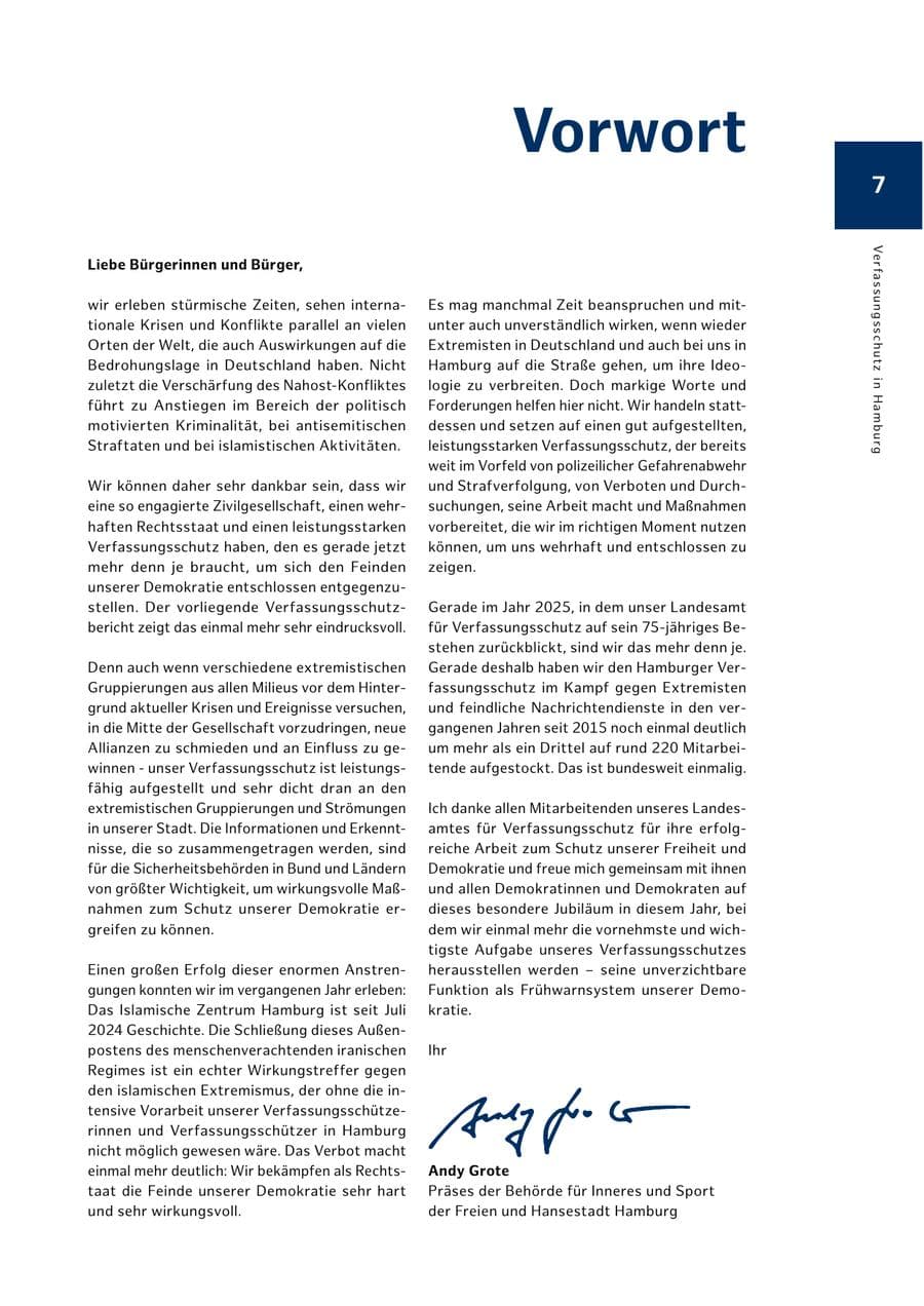 Seite 7 des Verfassungsschutzbericht 2024 Hamburg