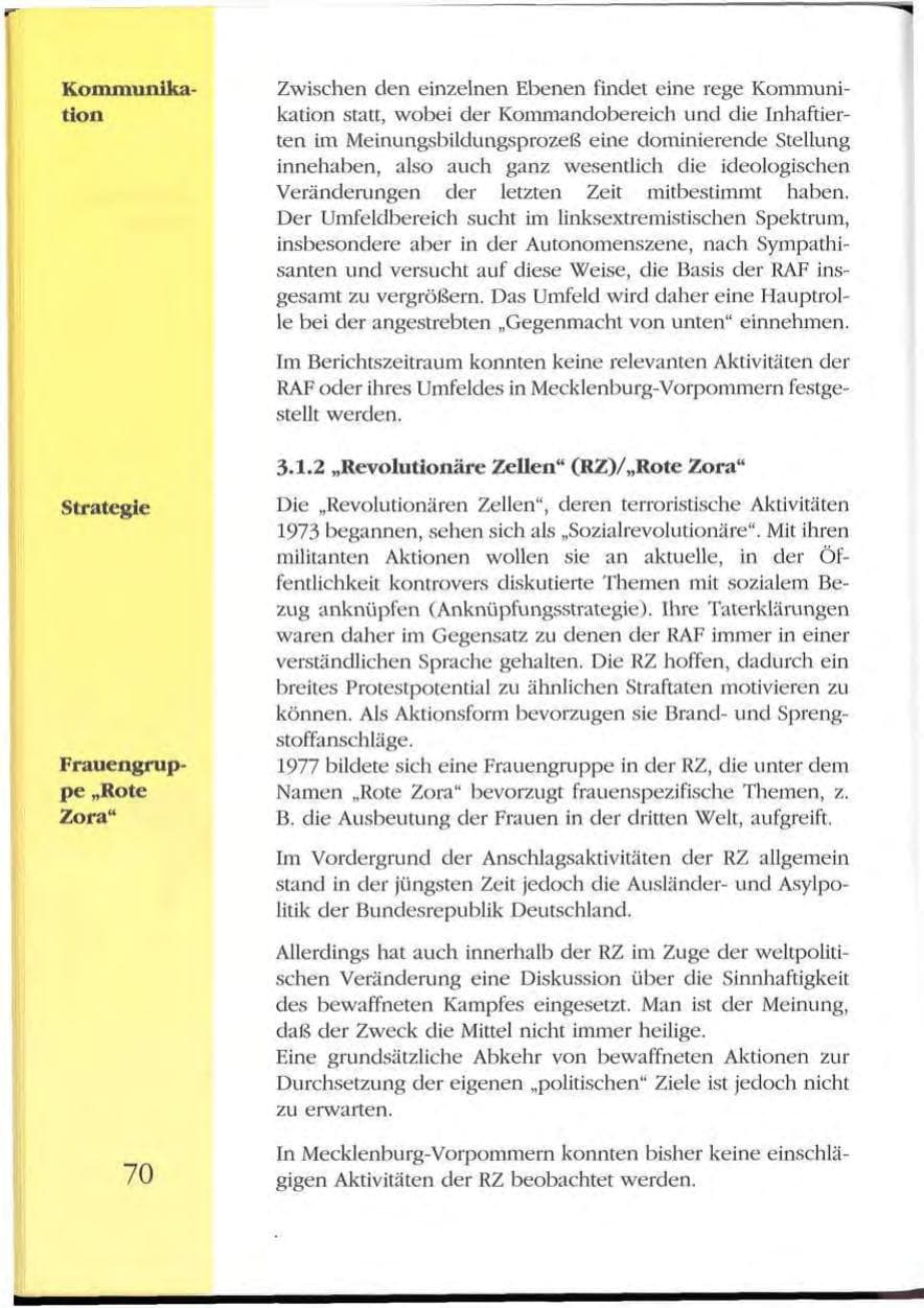 Seite 70 des Verfassungsschutzbericht 1992 Mecklenburg-Vorpommern