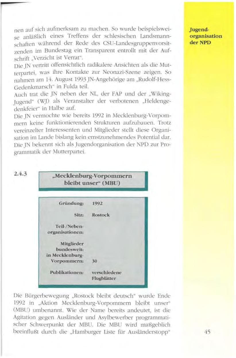 Seite 45 des Verfassungsschutzbericht 1993 Mecklenburg-Vorpommern