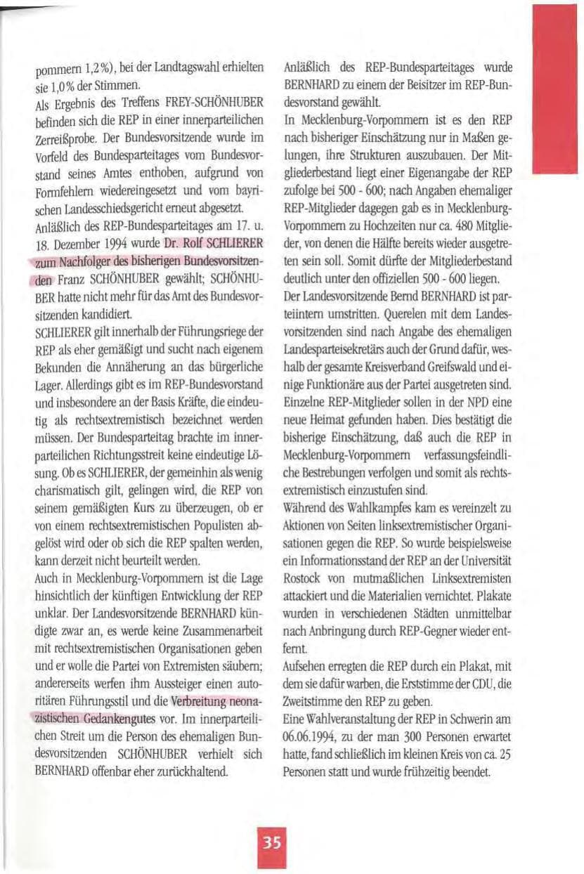 Seite 38 des Verfassungsschutzbericht 1994 Mecklenburg-Vorpommern