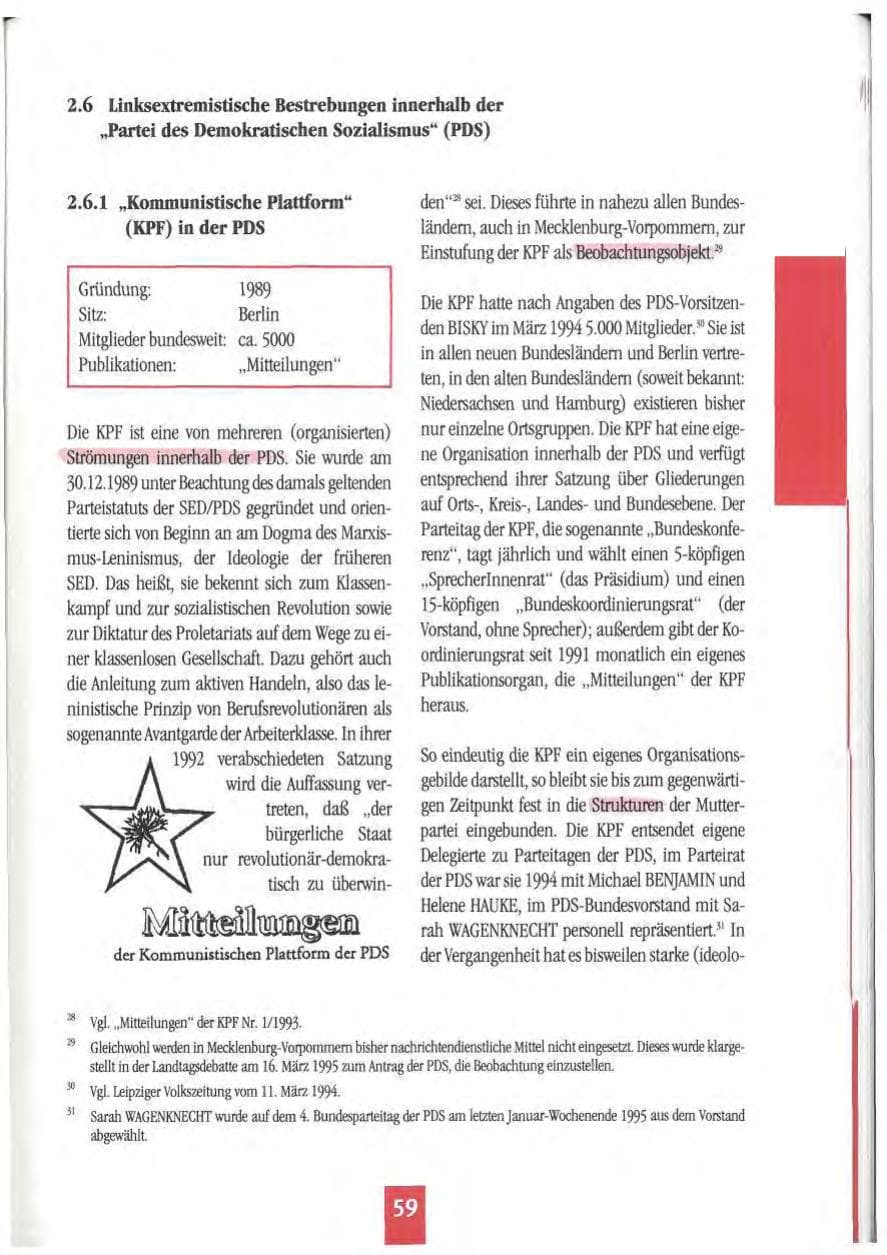 Seite 62 des Verfassungsschutzbericht 1994 Mecklenburg-Vorpommern