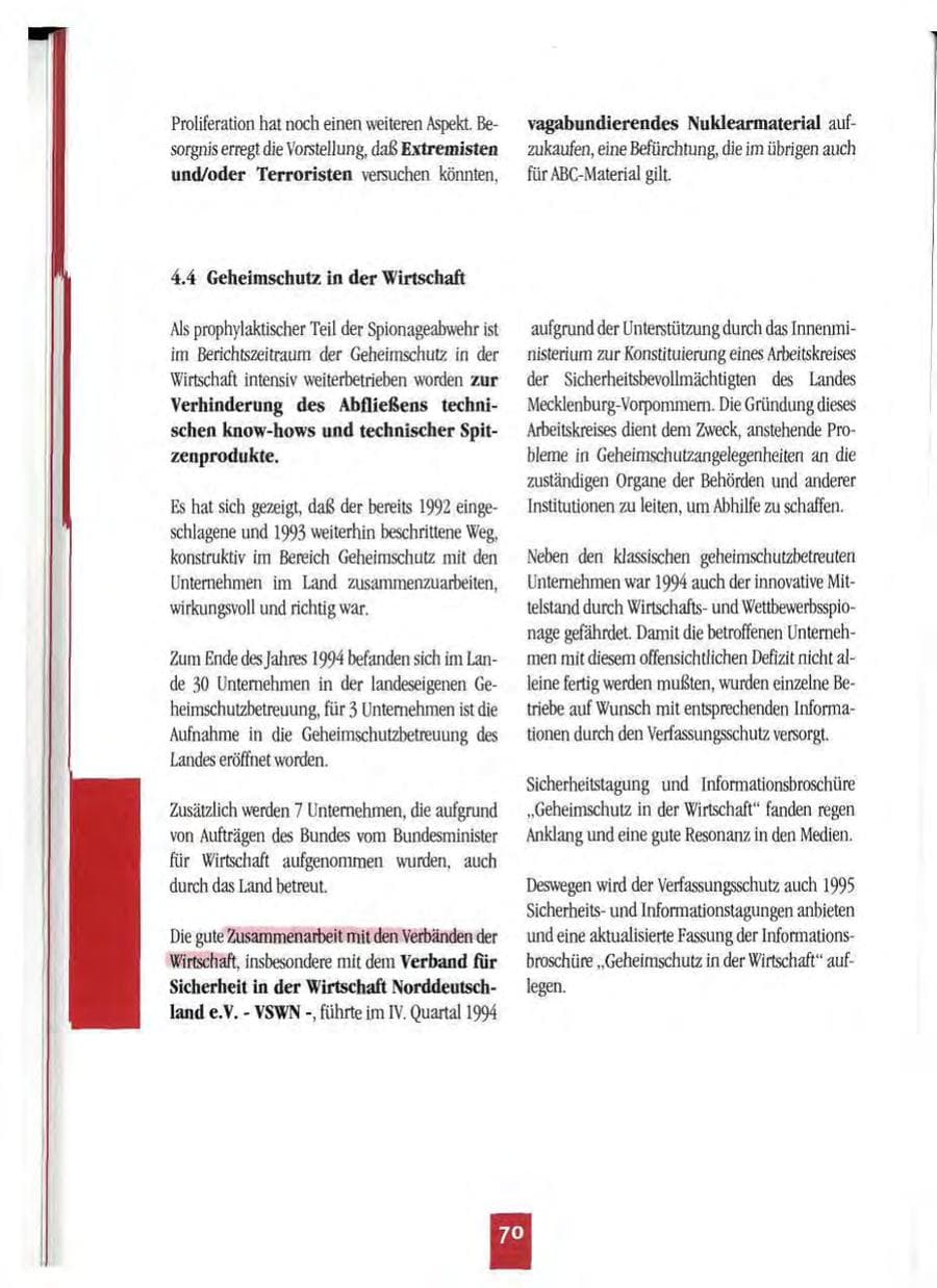 Seite 73 des Verfassungsschutzbericht 1994 Mecklenburg-Vorpommern