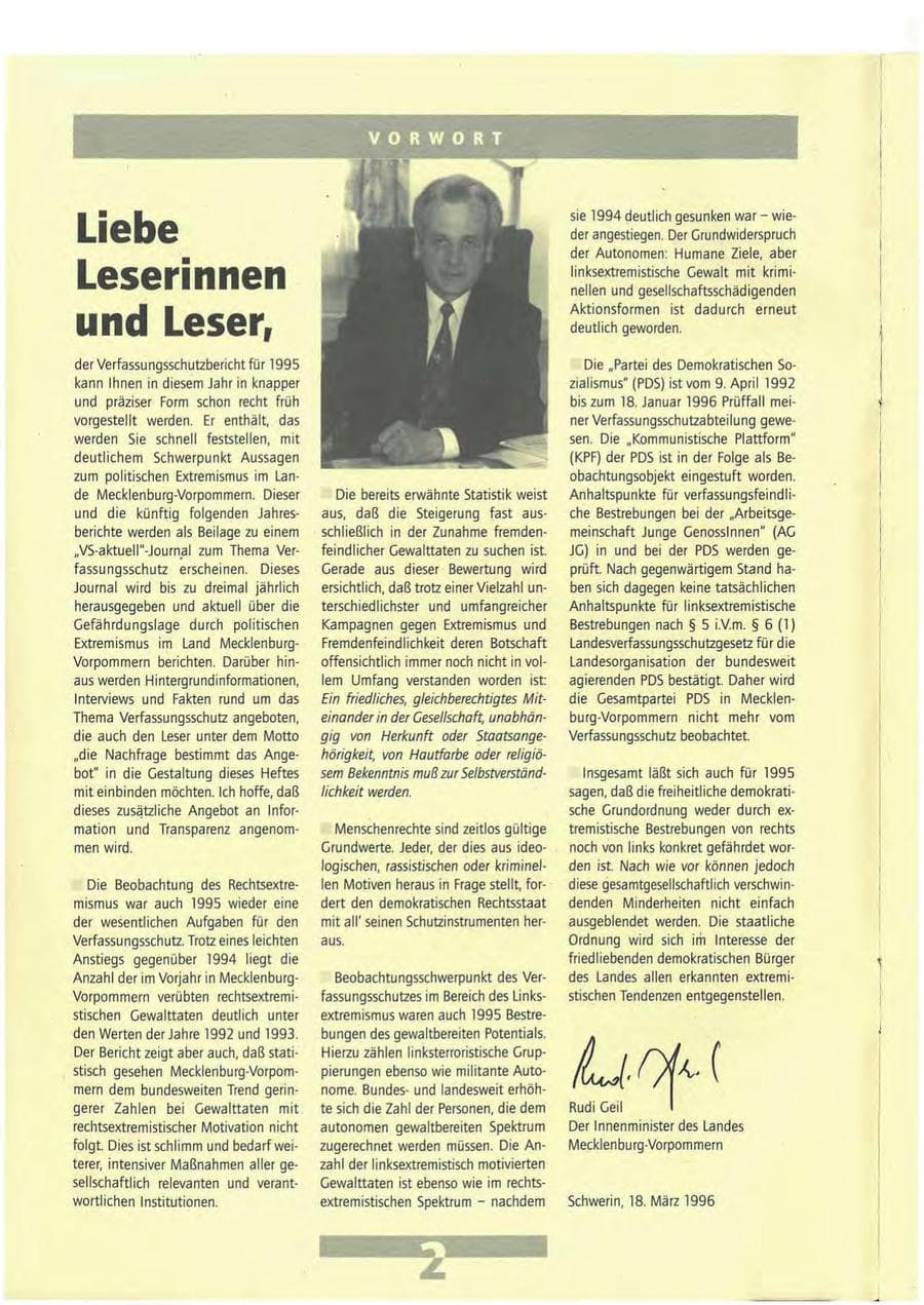 Seite 2 des Verfassungsschutzbericht 1995 Mecklenburg-Vorpommern