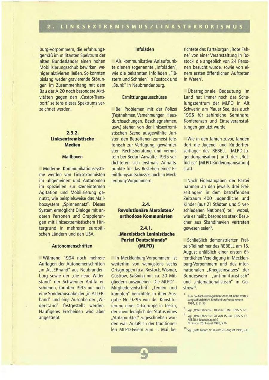 Seite 9 des Verfassungsschutzbericht 1995 Mecklenburg-Vorpommern